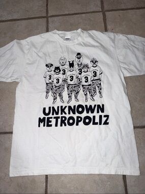 Gildan White Short Sleeve Tee with Black Cartoon Graphic